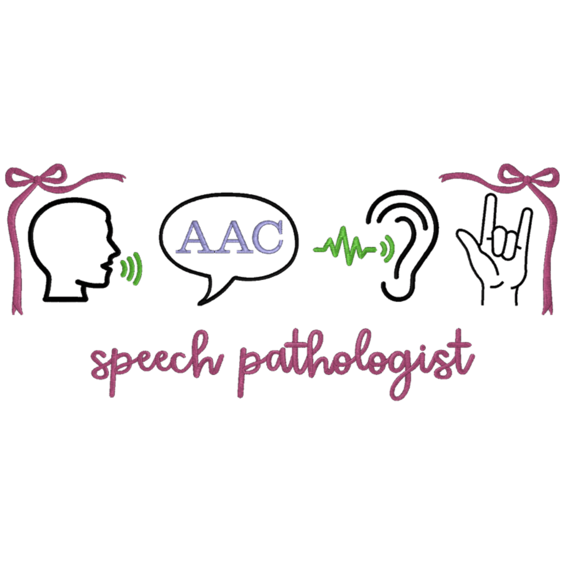 Illustrations of a speech bubble with 'AAC', an ear, a hand signing, and a head silhouette with a microphone on a white background, with the text 'speech pathologist' below.