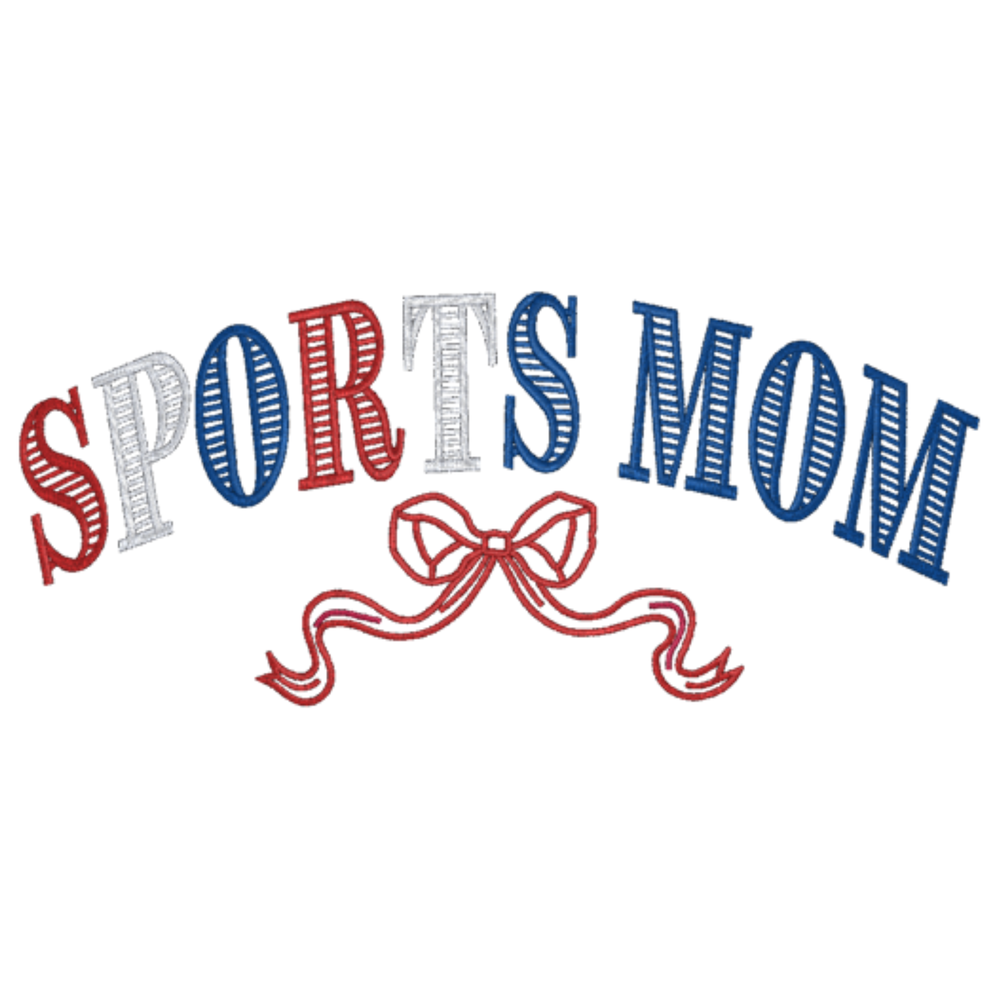 Text 'SPORTS MOM' with a red bow on a white background