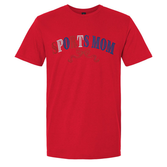 Red t-shirt with 'SPORTS MOM' text on a white background