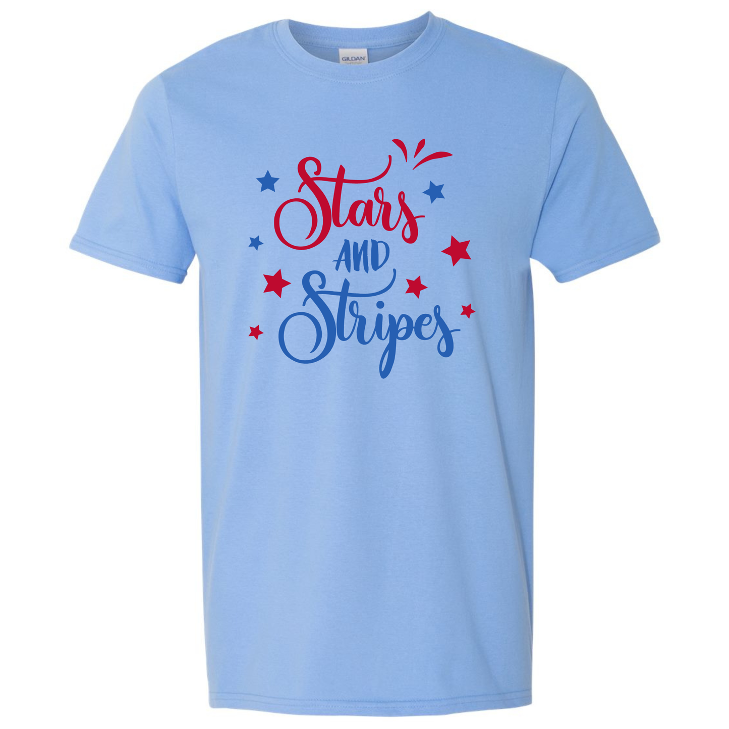 Light blue t-shirt with 'Stars and Stripes' text and stars on a white background