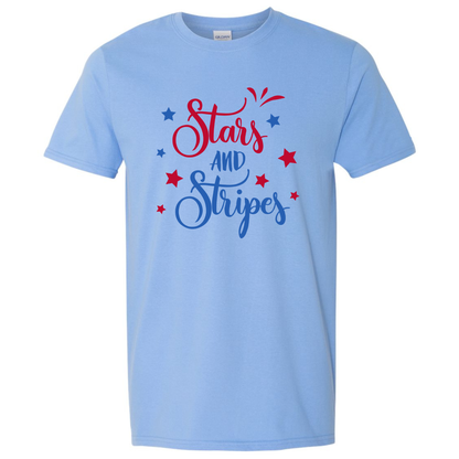 Light blue t-shirt with 'Stars and Stripes' text and stars on a white background