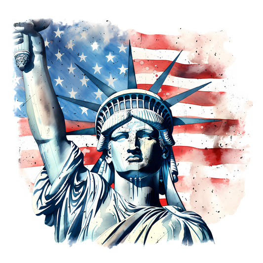 Statue of Liberty with an American flag in the background