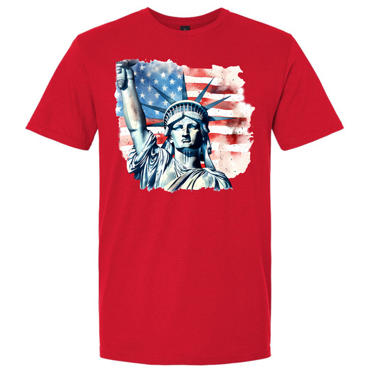 Red t-shirt with Statue of Liberty and American flag design on a white background