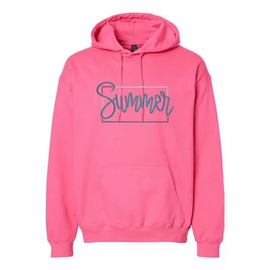 Pink hoodie with 'Summer' text on a white background