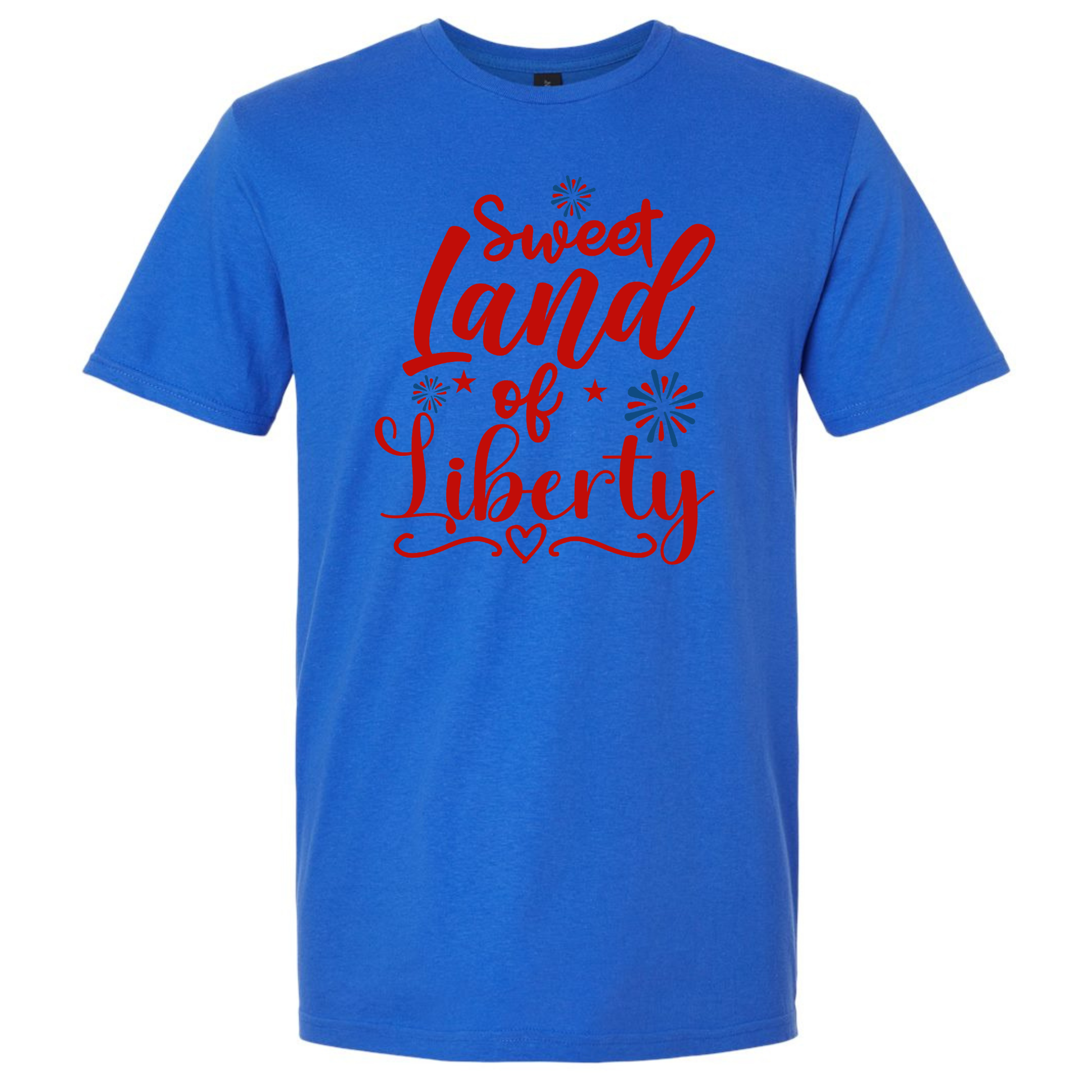 Blue t-shirt with 'Sweet Land of Liberty' text in red on a white background