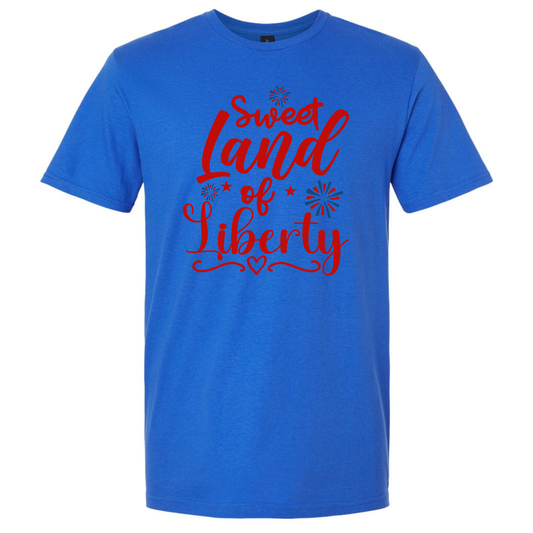 Blue t-shirt with 'Sweet Land of Liberty' text in red on a white background