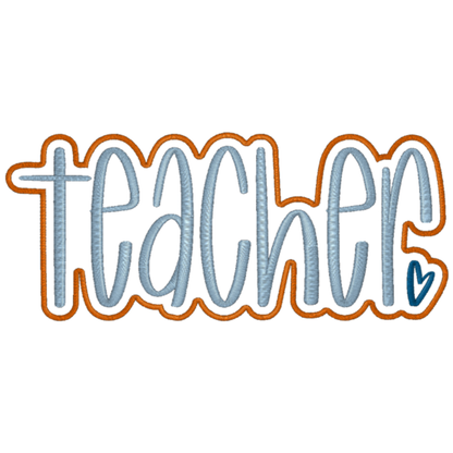 Embroidered text 'teacher' with a decorative border on a white background
