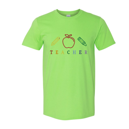 Green t-shirt with 'TEACHER' and related icons on a white background