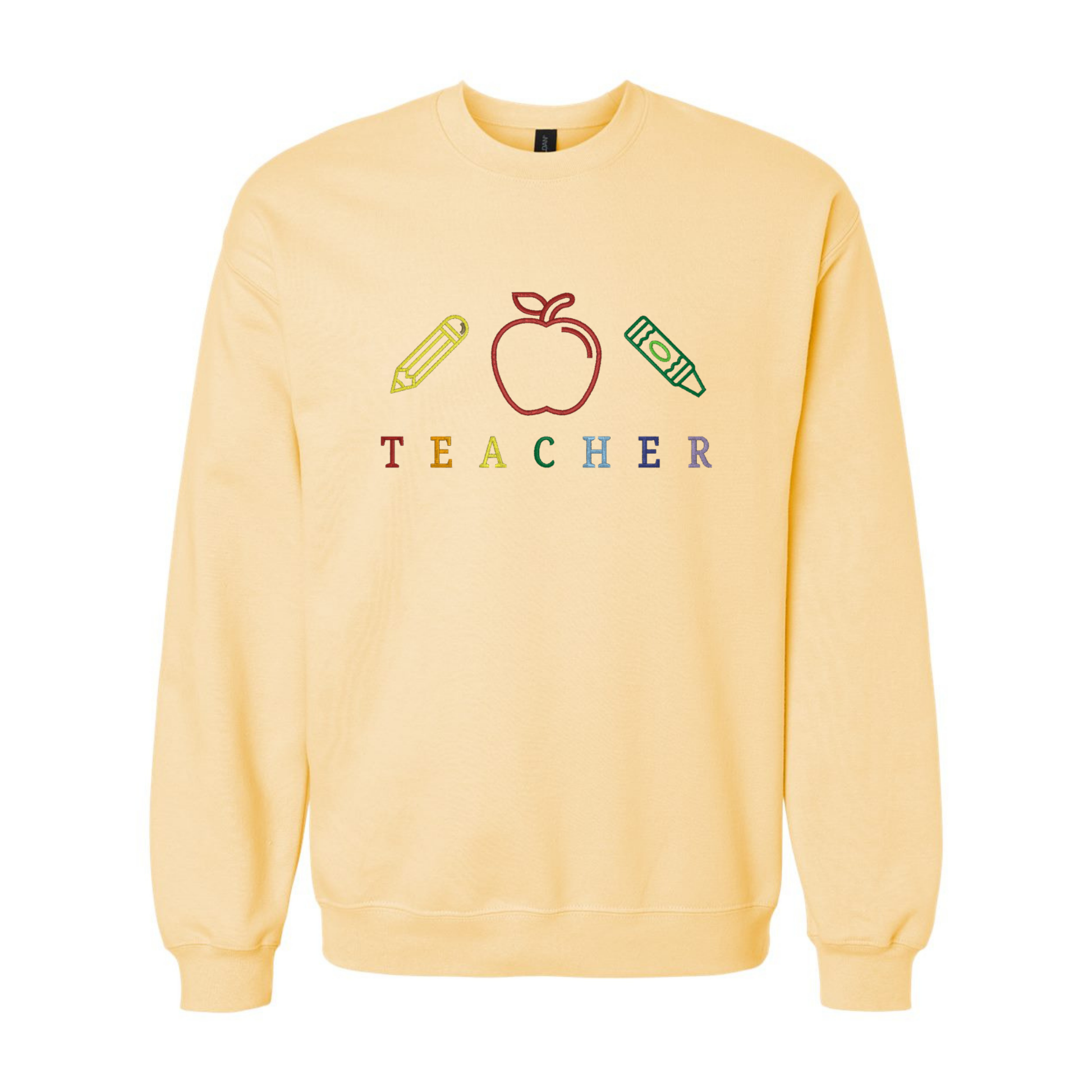 Yellow sweatshirt with the word teacher embroidered with an apple, crayon and a pencil. 