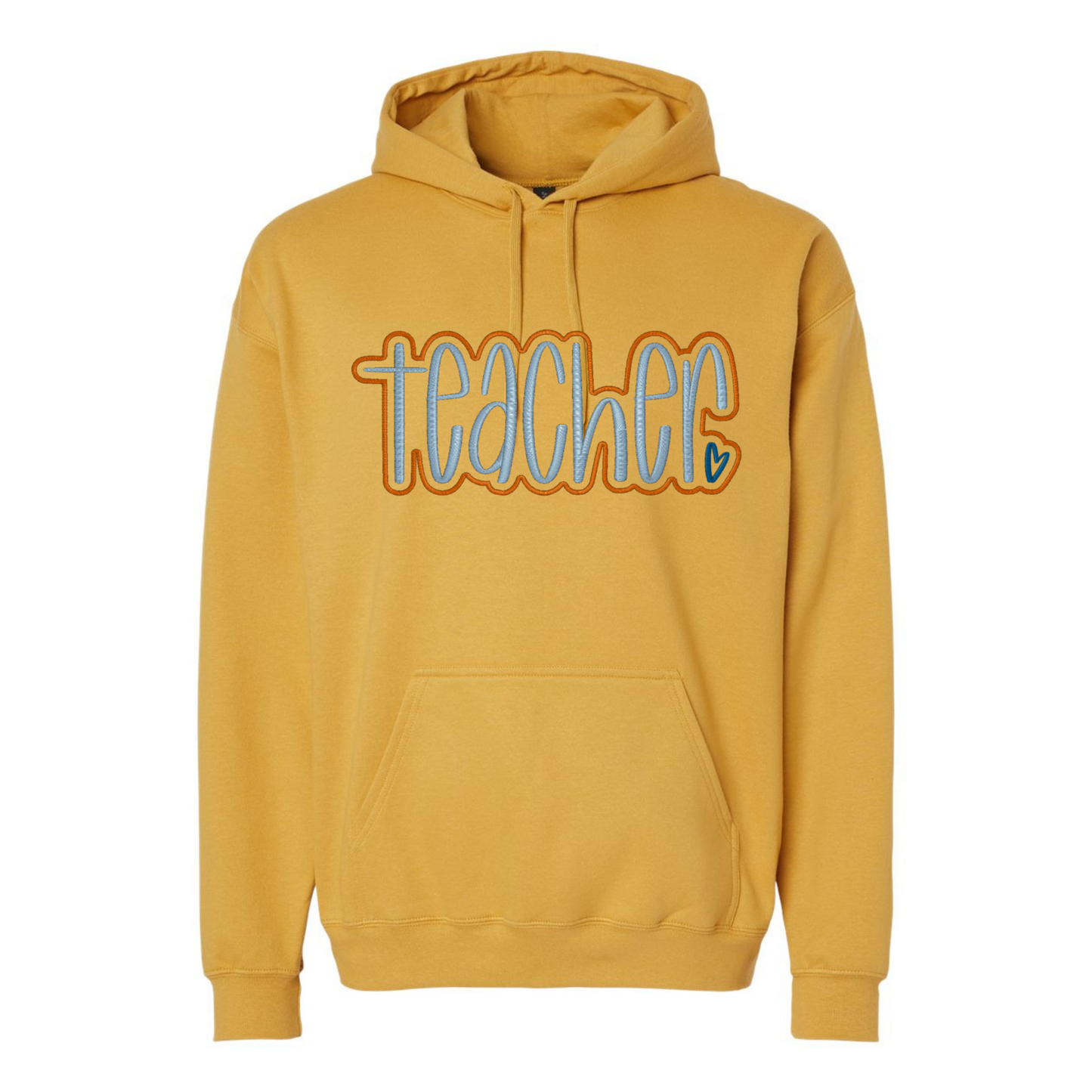 yellow sweatshirt with teacher appliqued on it