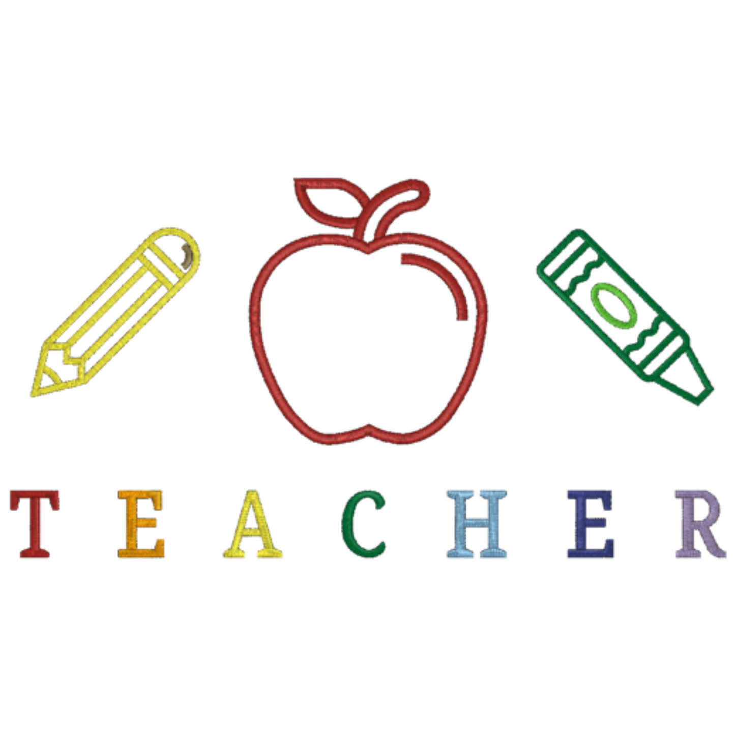 Embroidered word teacher with an apple and 2 crayons on a white background
