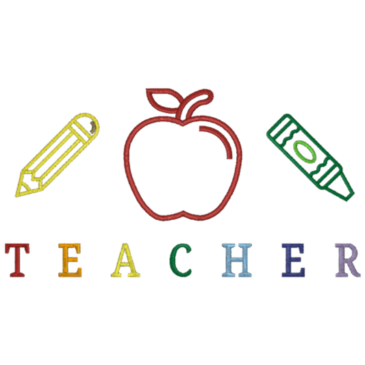 Embroidered word teacher with an apple and 2 crayons on a white background