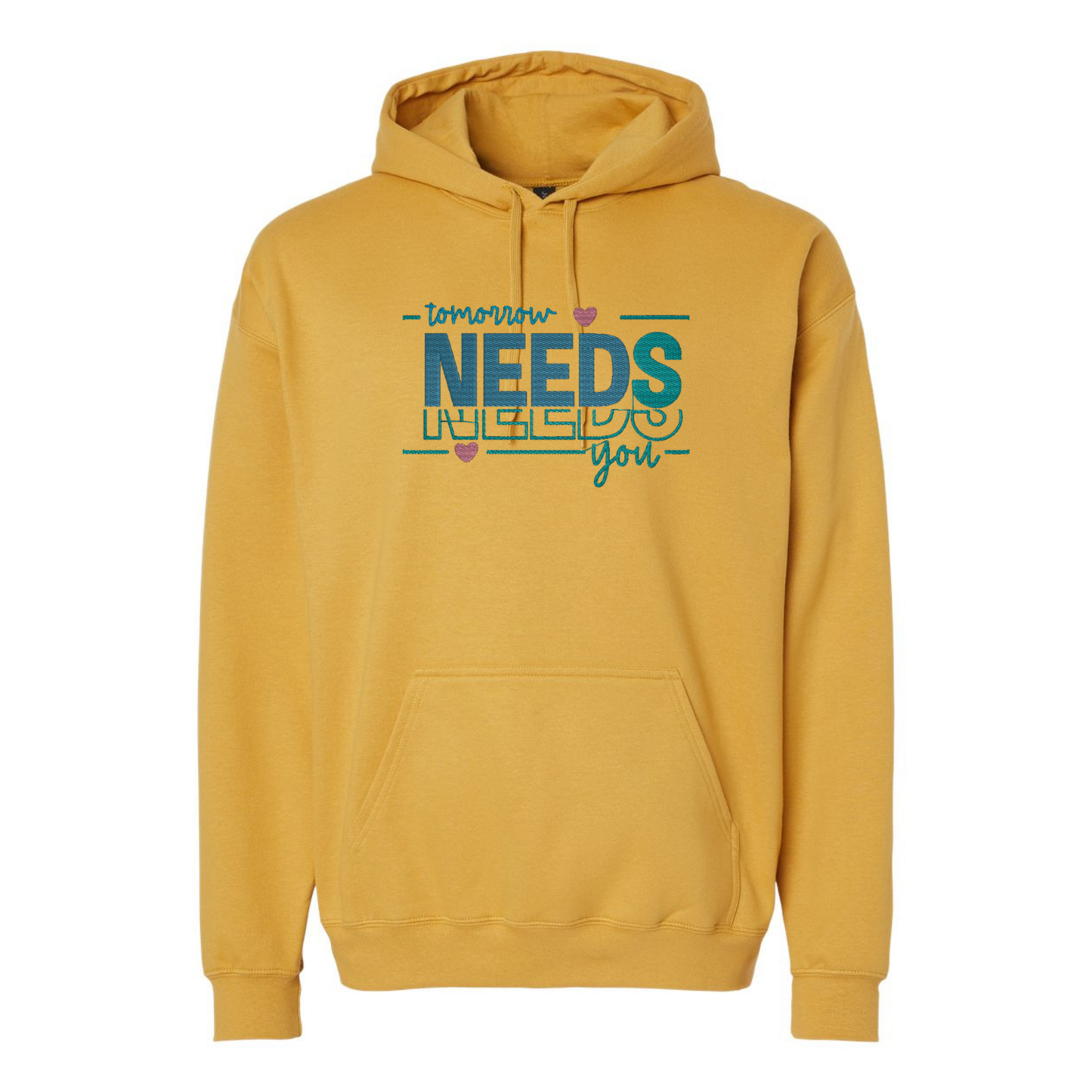 Yellow hoodie with text design on a white background