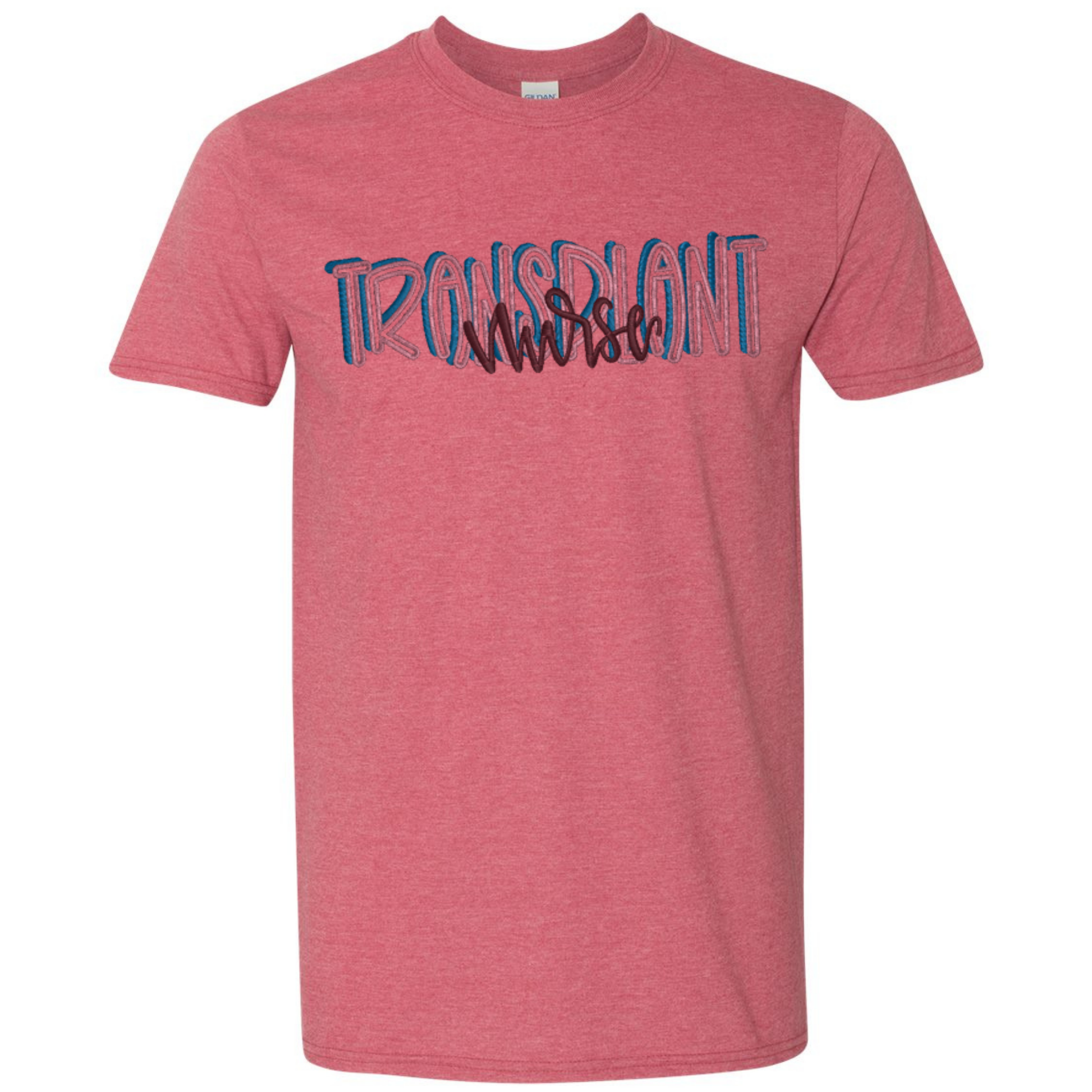 Red t-shirt with 'Transplant Nurse' text on a white background