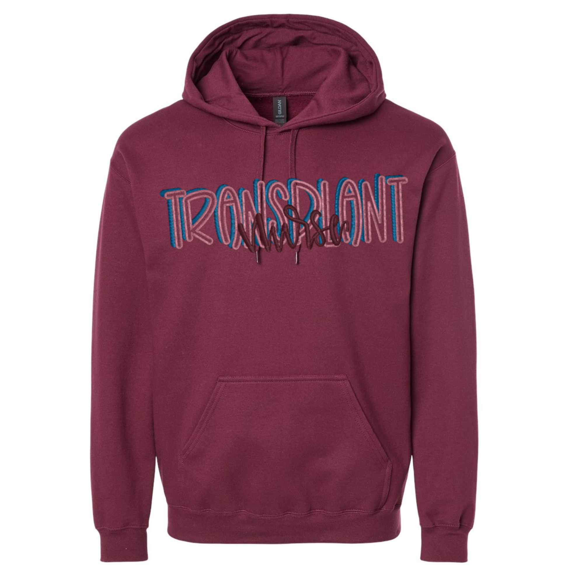 Maroon hoodie with 'Transplant Nurse' text on a white background