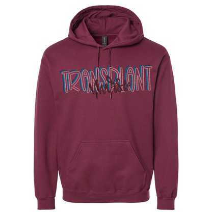 Maroon hoodie with 'Transplant Nurse' text on a white background