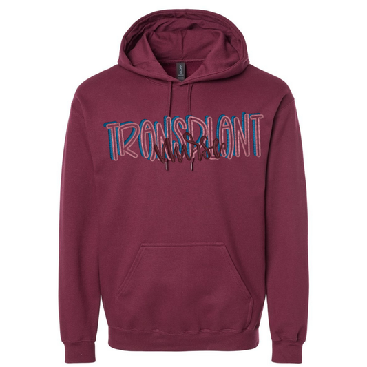 Maroon hoodie with 'Transplant Nurse' text on a white background