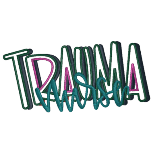 Colorful text 'TRAUMA' on a white background