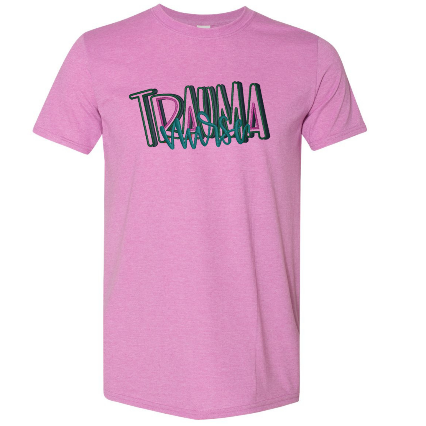 Pink t-shirt with 'Trauma' text on a white background