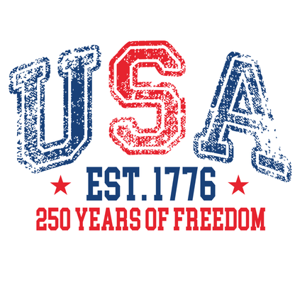 USA text with 'EST. 1776' and '250 Years of Freedom' on a white background