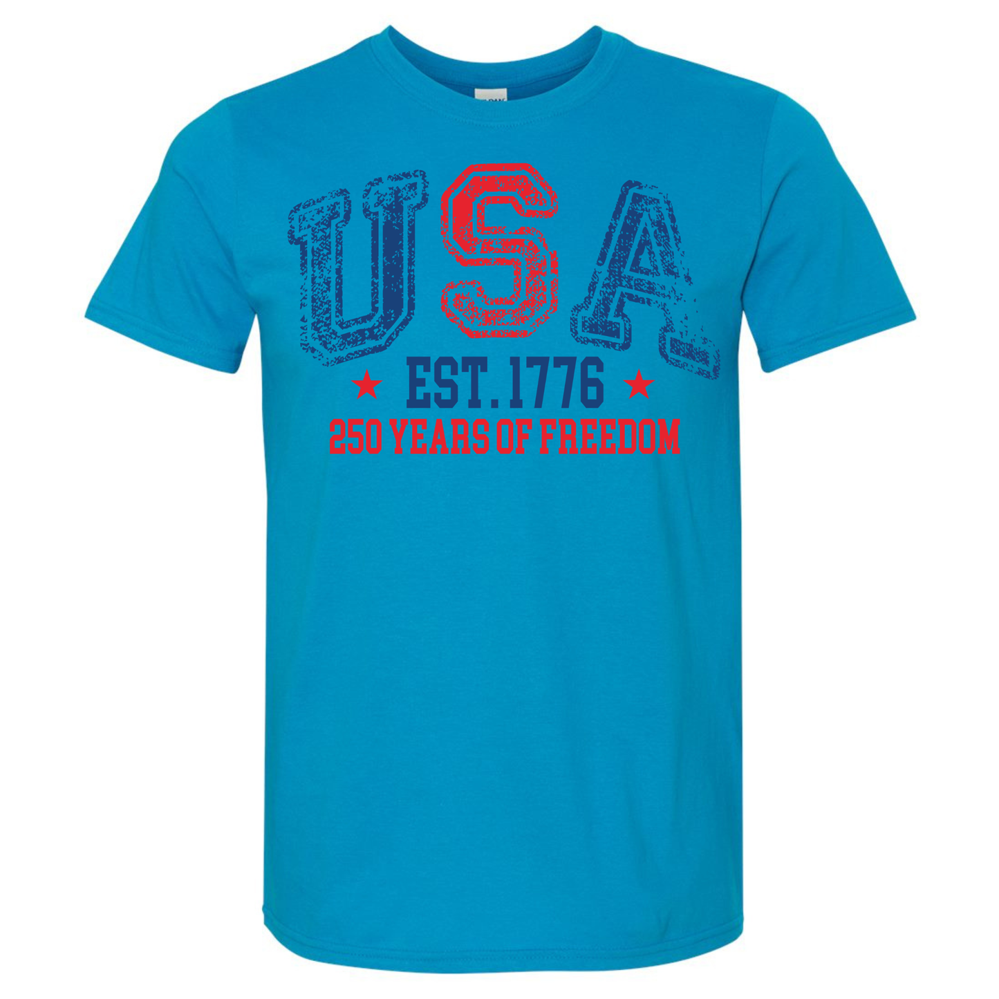 Blue t-shirt with 'USA EST. 1776 250 YEARS OF FREEDOM' text on a white background