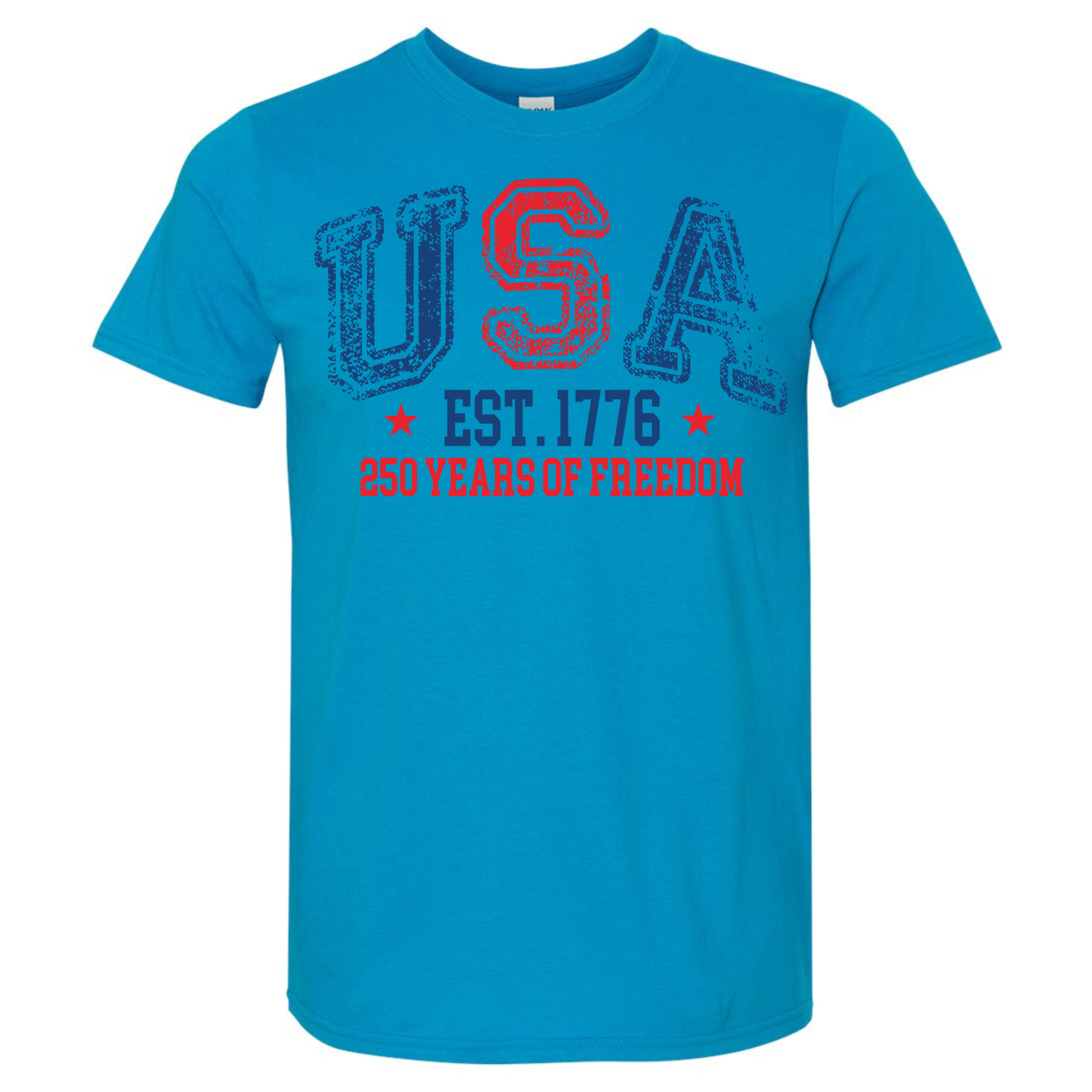Blue t-shirt with 'USA EST. 1776 250 YEARS OF FREEDOM' text on a white background