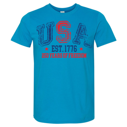 Blue t-shirt with 'USA EST. 1776 250 YEARS OF FREEDOM' text on a white background