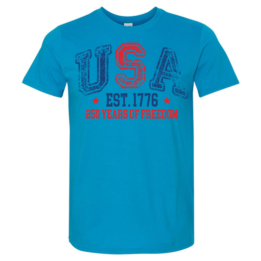 Blue t-shirt with distressed  'USA EST. 1776 250 YEARS OF FREEDOM' printed text on a white background