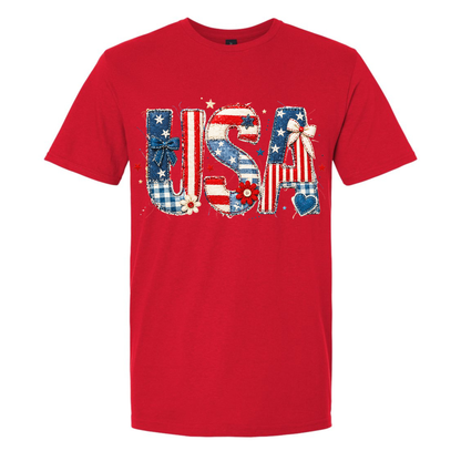 Red t-shirt with 'USA' design featuring stars and stripes on a white background
