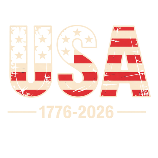 USA letters with American flag pattern and '1776-2026' text on a white background