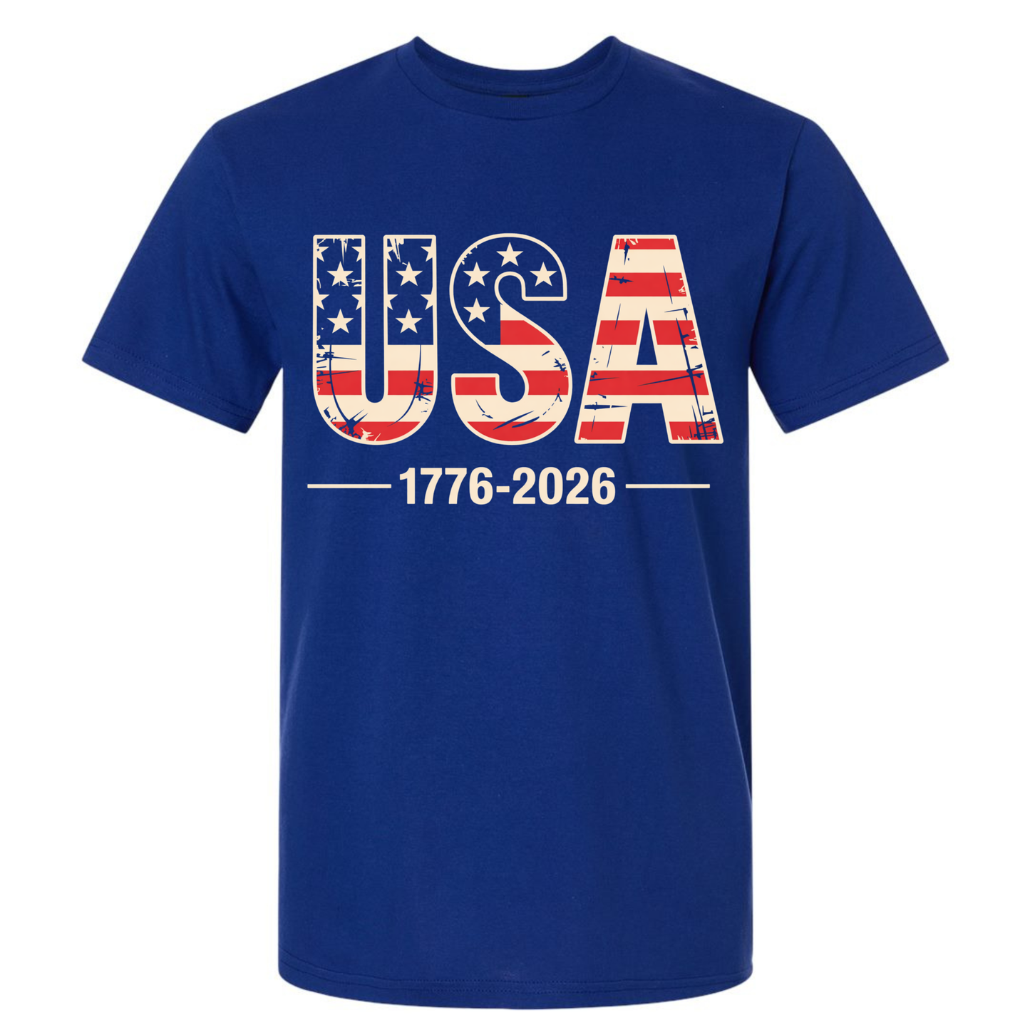Blue t-shirt with 'USA 1776-2026' design on a white background