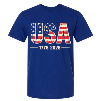 Blue t-shirt with 'USA 1776-2026' design on a white background