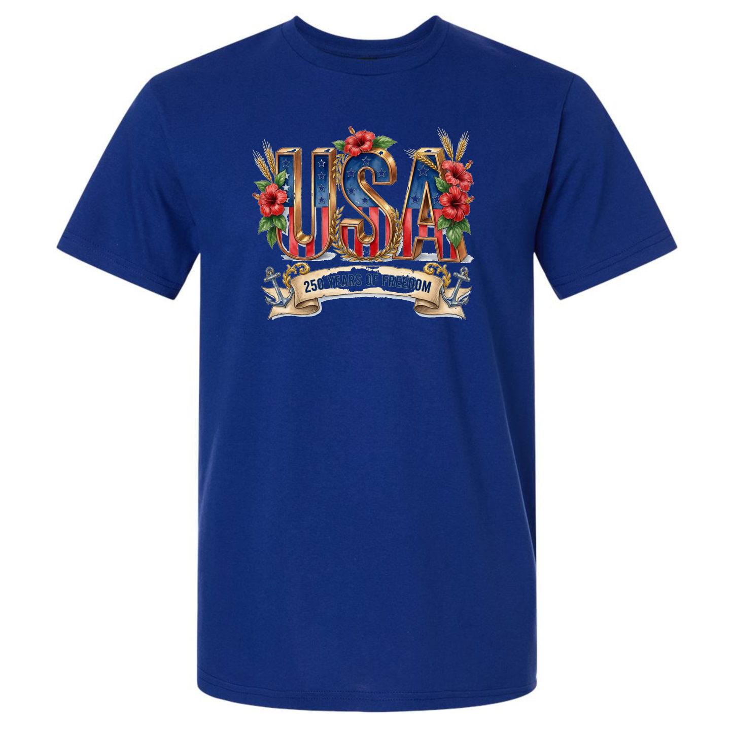 Blue t-shirt with 'USA' graphic design on a white background
