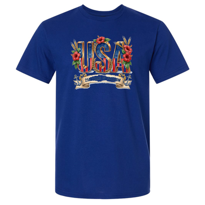 Blue t-shirt with 'USA' graphic design on a white background