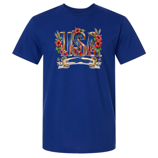 Blue t-shirt with 'USA' graphic design on a white background