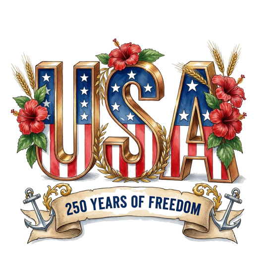 Decorative 'USA' text with American flag design, flowers, and '250 Years of Freedom' banner on a white background.