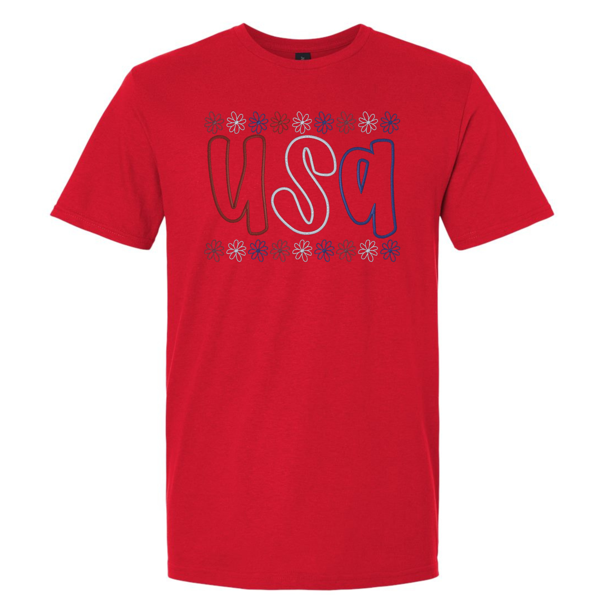 Red t-shirt with 'USA' printed on it against a white background