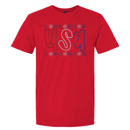 Red t-shirt with 'USA' printed on it against a white background