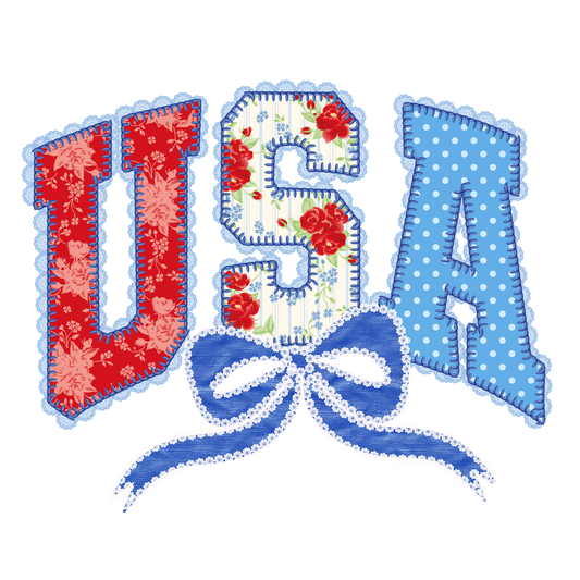 Embroidered letters 'USA' with floral and polka dot patterns on a white background