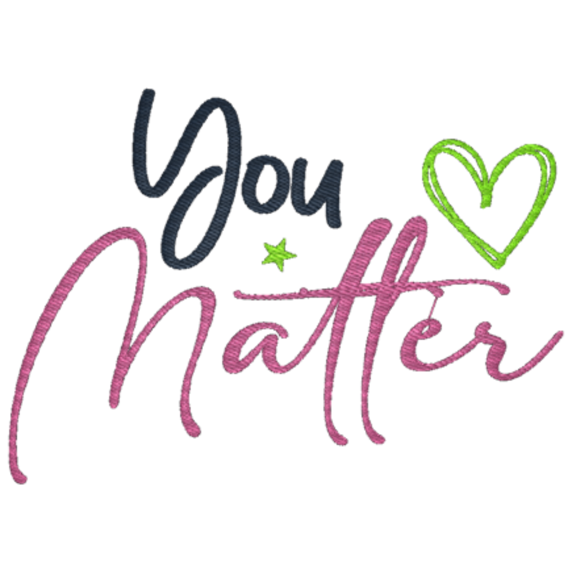 Multi-colored Embroidered words that say 'you matter' on a white background