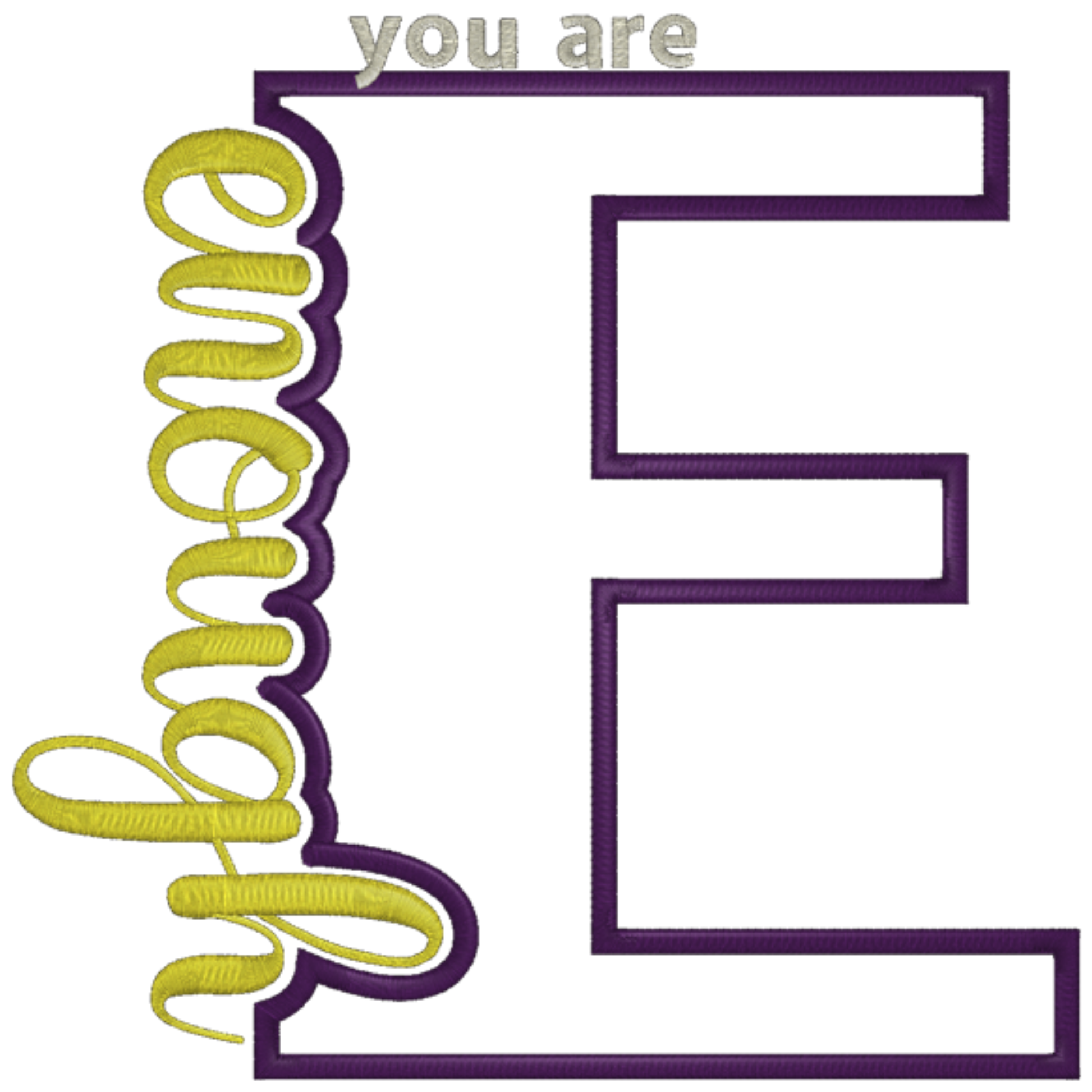Decorative letter 'E' with yellow text and purple border on a white background