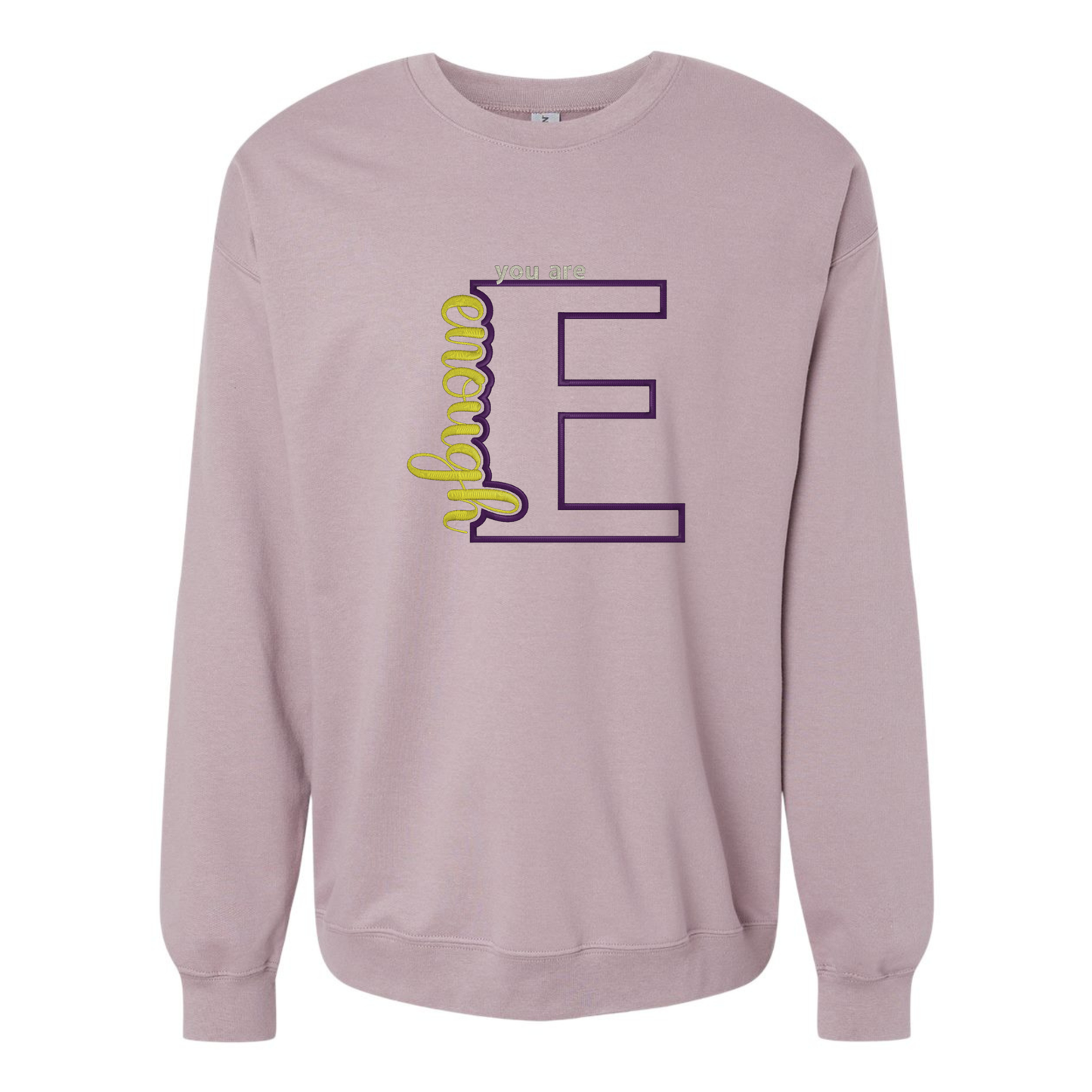 Purple sweatshirt with a large letter 'E' design on a white background