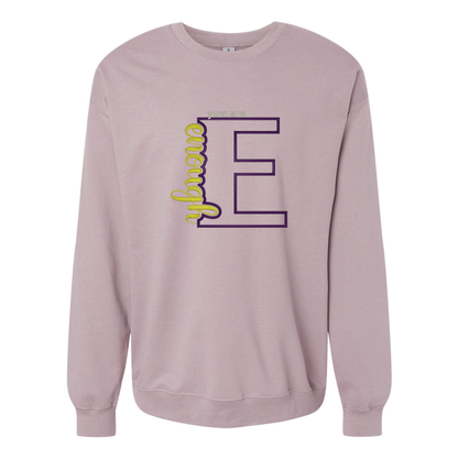 Purple sweatshirt with a large letter 'E' design on a white background