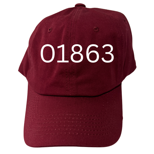 a maroon dad hat with embroidered numbers 01863 on a white background