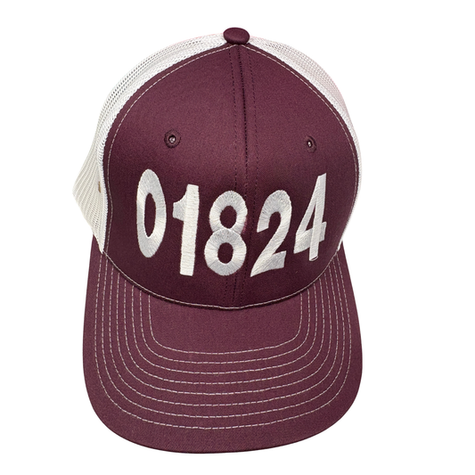 a maroon and white meshed back richardson 112 hat with embroidered 01824 on a white background