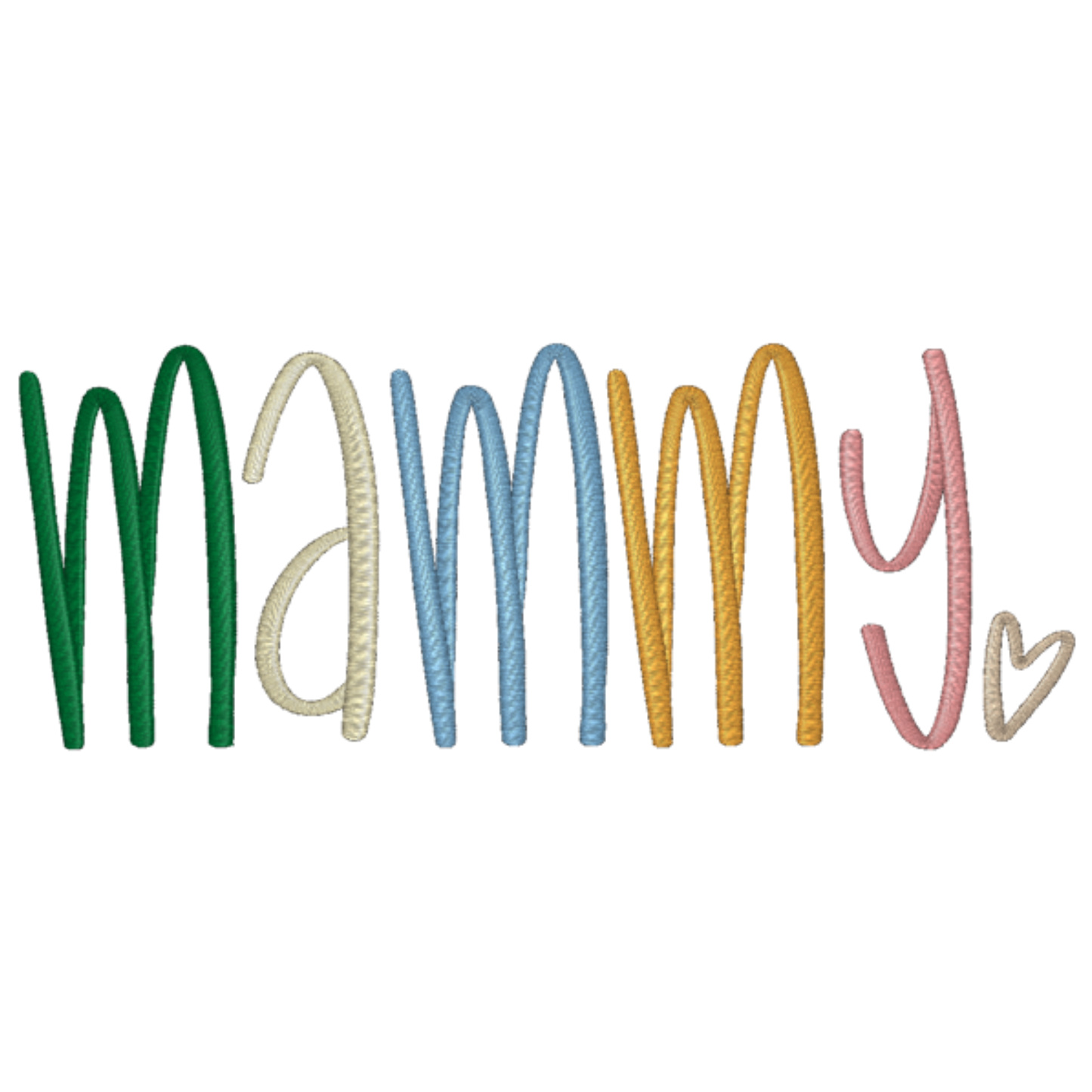 Colorful embroidered text spelling 'MAMMY' with a heart on a white background