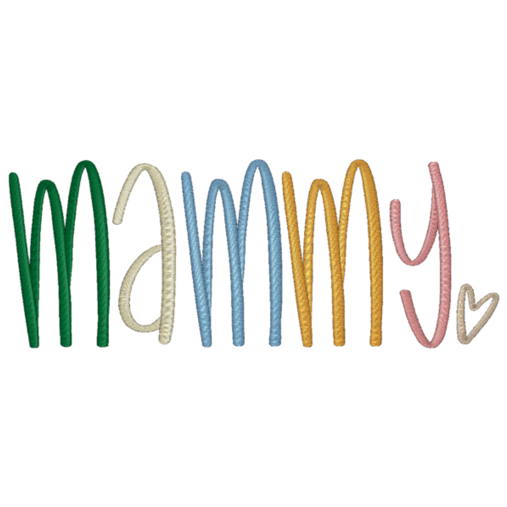 Colorful embroidered text spelling 'MAMMY' with a heart on a white background