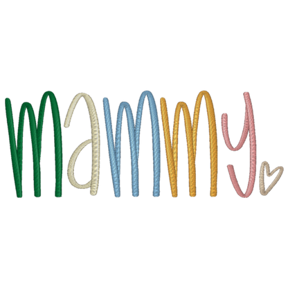 Colorful embroidered text spelling 'MAMMY' with a heart on a white background